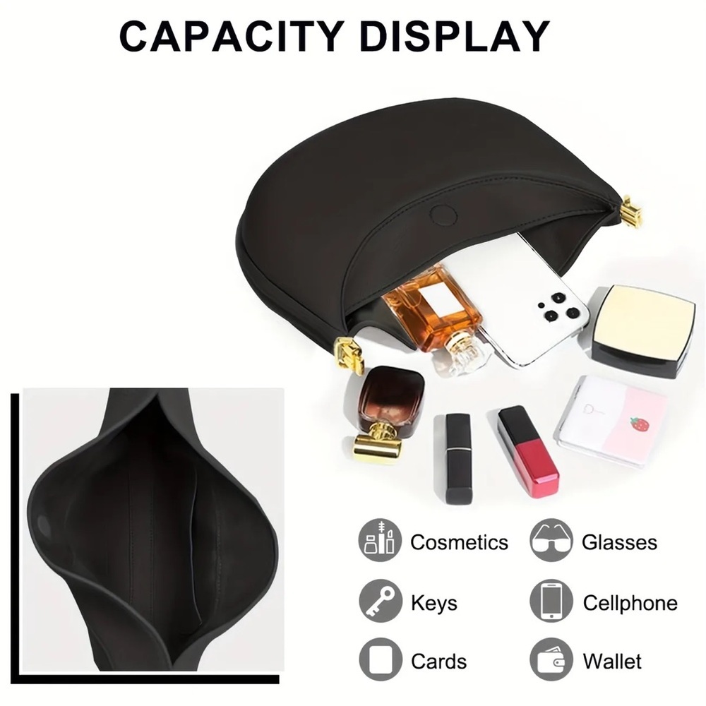 Black Leather Bag Hobo Purse Handbag Crescent bag 4 in 1 style Trendy Fashion - Picture 9 of 10